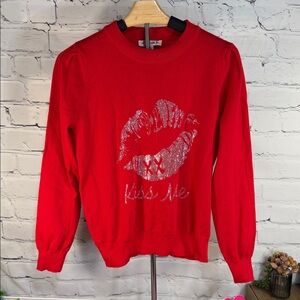 Nanette Lepore Vibrant Red Sweater with KISS Me Rhinestone Details puff sleeves
